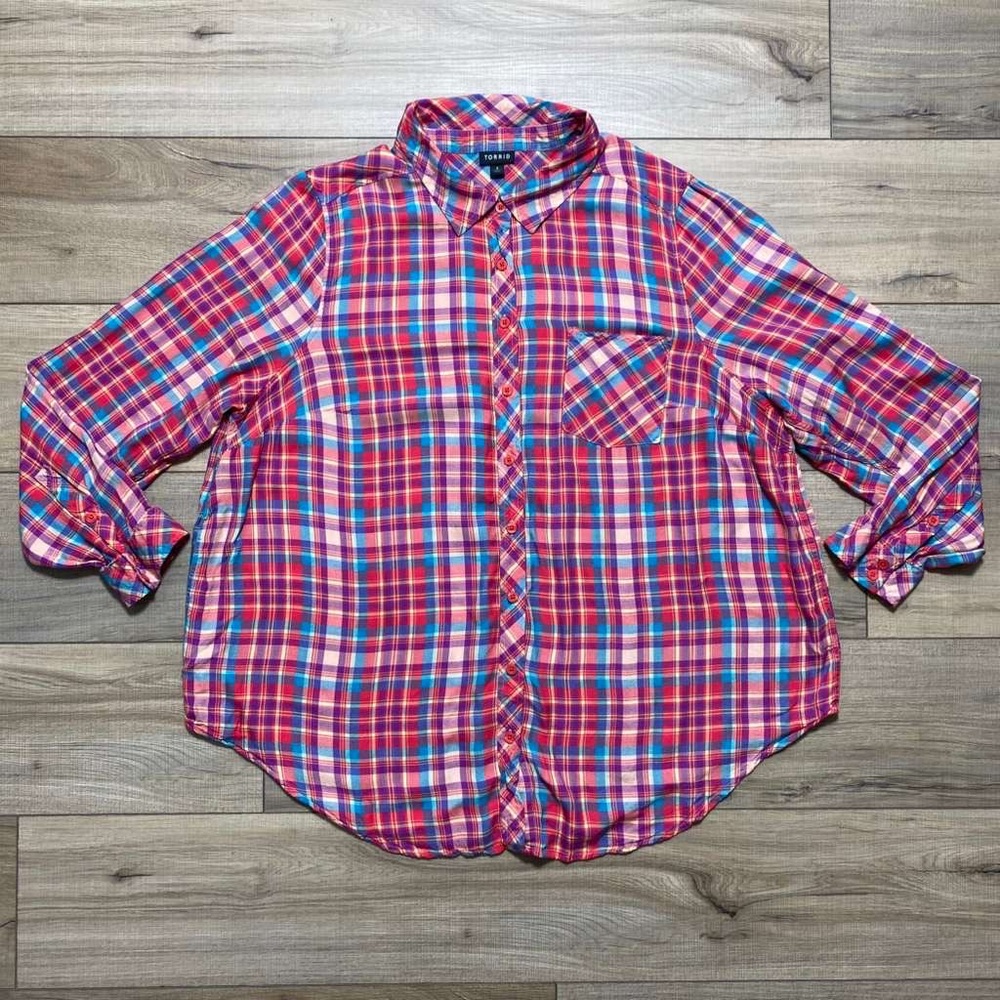 Torrid Womens Plaid Long‎ Sleeve Button Up Shirt Size 2 Red Purple Yellow Teal